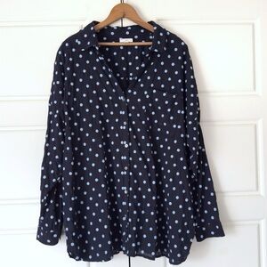 J Jill Polka Dot Tunic Blouse Women 3X Blue Button Up Long Sleeve Relaxed Preppy